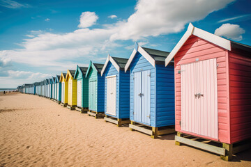 A row of colorful beach huts with a blue sky in the background