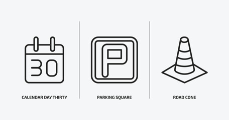 airport terminal outline icons set. airport terminal icons such as calendar day thirty, parking square, road cone vector. can be used web and mobile.