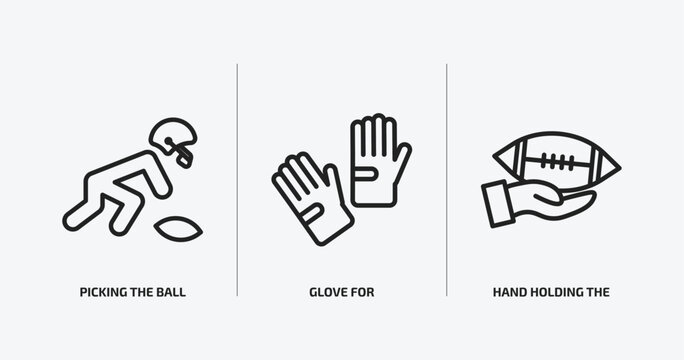 american football outline icons set. american football icons such as picking the ball, glove for, hand holding the ball vector. can be used web and mobile.