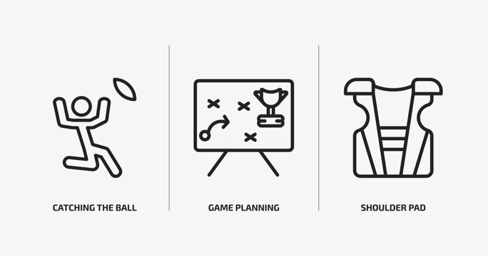 american football outline icons set. american football icons such as catching the ball, game planning, shoulder pad vector. can be used web and mobile.