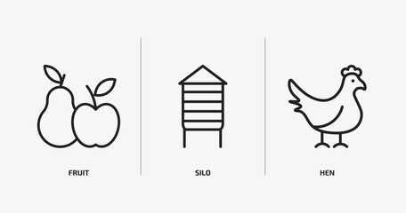 agriculture farming outline icons set. agriculture farming icons such as fruit, silo, hen vector. can be used web and mobile.