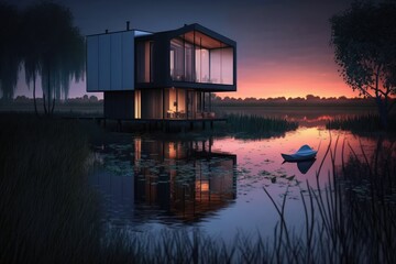 Fototapeta premium Modern house on a lake at sunset