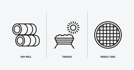 agriculture farming outline icons set. agriculture farming icons such as hay roll, trough, riddle tool vector. can be used web and mobile. © Farahim