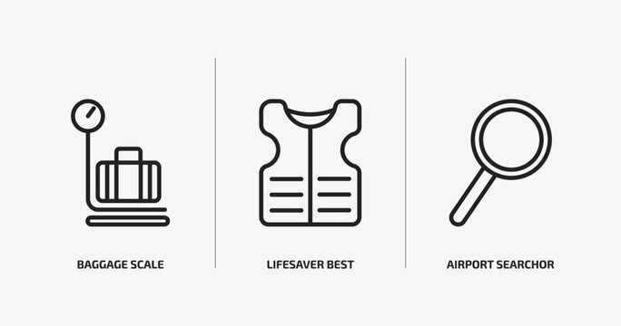 airport terminal outline icons set. airport terminal icons such as baggage scale, lifesaver best, airport searchor vector. can be used web and mobile.