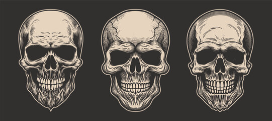 Set of vintage retro scary hipster skull. Can be used like emblem, logo, badge, label. mark, poster or print. Monochrome Graphic Art. Vector. Hand drawn element in engraving