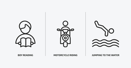 activity and hobbies outline icons set. activity and hobbies icons such as boy reading, motorcycle riding, jumping to the water vector. can be used web and mobile.