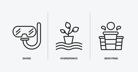 activity and hobbies outline icons set. activity and hobbies icons such as diving, hydroponics, beer pong vector. can be used web and mobile.