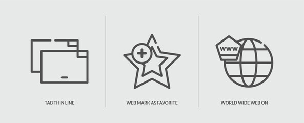 set of 3 outline icons in web concept. thin line icons including tab thin line, web mark as favorite star thin line, world wide web on grid vector. can be used and mobile.