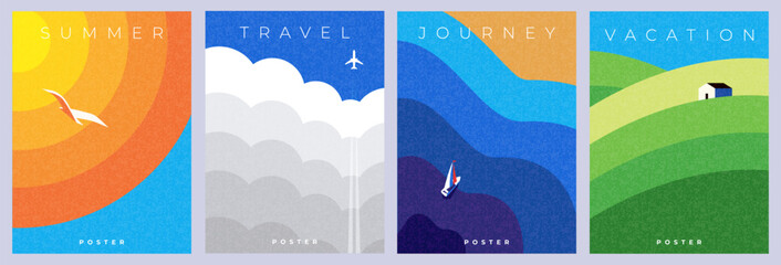 Abstract minimal summer poster, cover, card set with nature landscape, sun, plane in the clouds, yacht in the sea, fields and typography design. Summer holidays, journey, vacation travel illustrations
