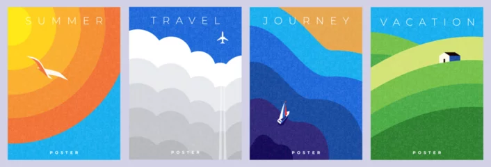 Fototapeten Abstract minimal summer poster, cover, card set with nature landscape, sun, plane in the clouds, yacht in the sea, fields and typography design. Summer holidays, journey, vacation travel illustrations © Tanya