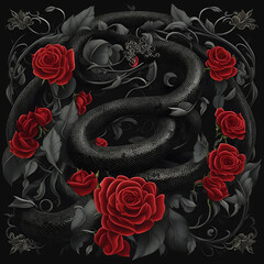 Black snake among red roses. Decorative design, classic ornament, leaves, blooming buds, dark background