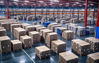 warehouse space. warehouse interior with shelves, pallets and boxes. Interior of modern warehouse. Large industrial warehouse with high racks. In foreground are lot of cardboard boxes. Generative AI