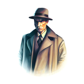 detective in a detective coat and hat, italian mafia member pencil drawing Generative AI