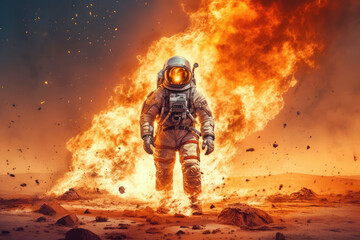 Naklejka premium Astronaut burning on a planet