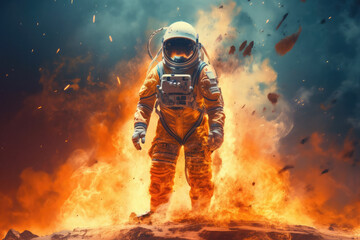 Naklejka premium Astronaut burning on a planet