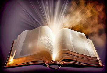 Magic image of an open ancient book on a wooden table. Generative AI.