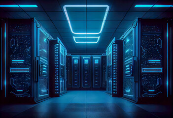 Connection network in servers and storage systems in data center rooms. Generative AI.
