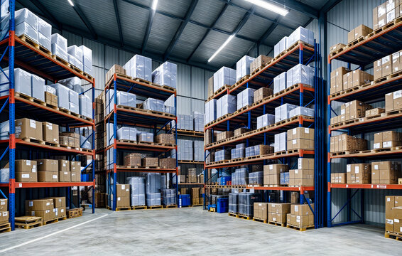 warehouse space. warehouse interior with shelves, pallets and boxes. Interior of modern warehouse. Large industrial warehouse with high racks. In foreground are lot of cardboard boxes. Generative AI