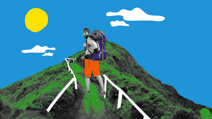 Happy, smiling man with backpack going upwards mountains, climbing, hiking. Active leisure....