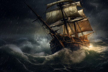 Illustration of a wooden ship in very dangerous seas.  Generative AI.  - obrazy, fototapety, plakaty