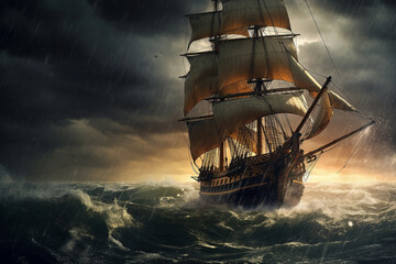 Obraz premium Illustration of a wooden ship in very dangerous seas. Generative AI. 