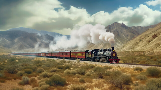 Illustration of a steam train chugging along the track in the American west.  Generative AI. 