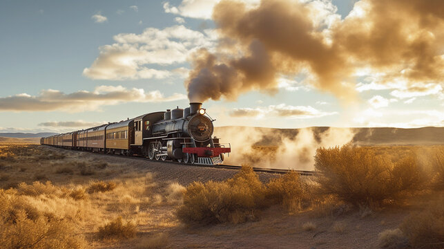 Illustration of a steam train chugging along the track in the American west.  Generative AI. 