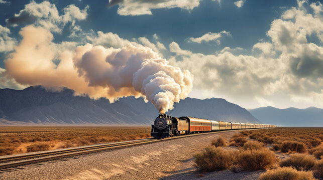 Illustration of a steam train chugging along the track in the American west.  Generative AI. 