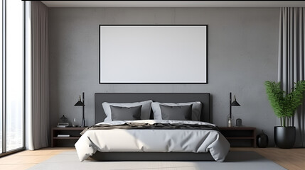 bedroom interior with empty square frame for print or poster mockup, modern gray white bedroom interior for house advertising and background Generative AI