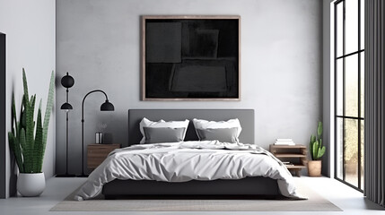 bedroom interior with empty square frame for print or poster mockup, modern gray white bedroom interior for house advertising and background Generative AI