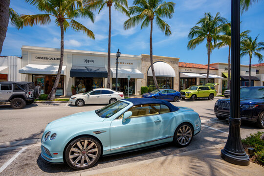 Blue Bentley parked on Worth Avenue Palm Beach