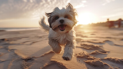 Shih Tzu running on the beach in the morning.