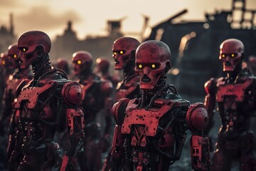 Rustic Dystopia: Red Robots with Orange Eyes Amidst the Ruins of a Forgotten Civilization