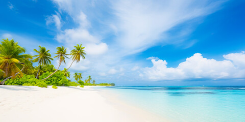Fototapeta na wymiar A dreamy view of Maldives island's tropical beach, with its crystal-clear turquoise waters, white sand, and palm trees creating a paradise-like setting. Generative Ai