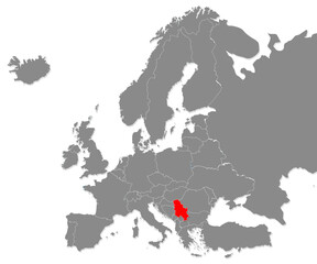 Map of Serbia highligted with red in Europe map