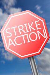 Red road sign with strike action word