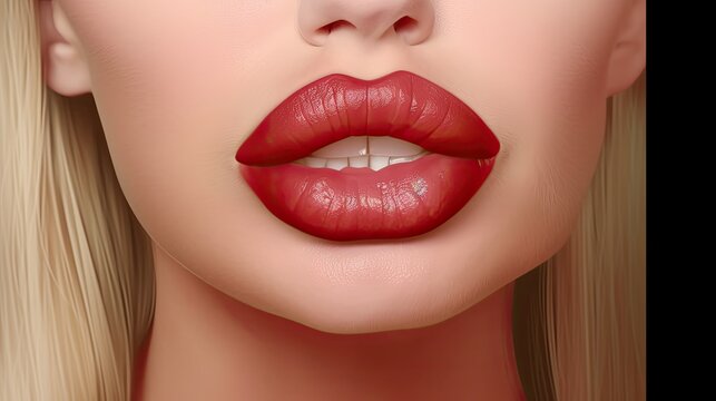Close up sexy woman lips after lip augmentation cosmetic procedure, female lips shape modification using fillers, juicy lips with red lipstick, lip augmentation concept, generative AI
