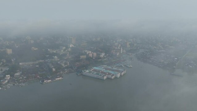 Aerial view at the river port in Barisal City, Bangladesh.