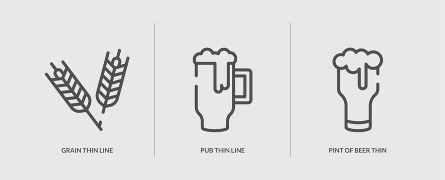 set of 3 outline icons in drinks concept. thin line icons including grain thin line, pub thin line, pint of beer vector. can be used web and mobile.