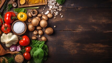Fototapeta na wymiar Top view of Food cooking Rustic wooden table background, ingredients for preparation vegan dishes, vegetables, root, Generative Ai