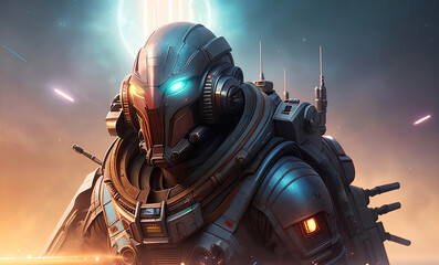 Future soldier in futuristic power armor, science fiction background. Generative Ai.