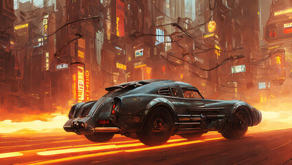 Retro car fantastic design in steampunk style, high speed with fire under wheels. Generative Ai.