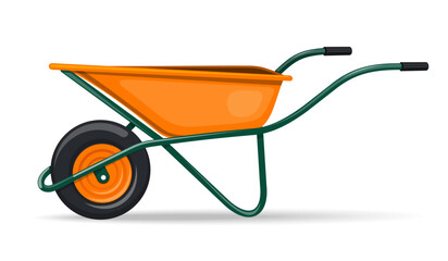 Yellow garden wheelbarrow with green handles. Vector icon isolated on white