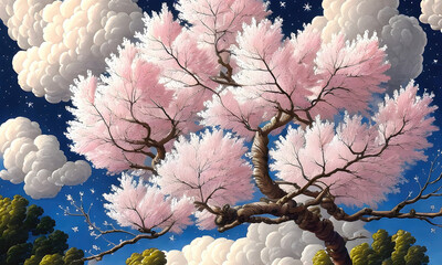 Beautiful tree full of white flowers, cherry blossom magic tree, beautiful flowers background. Generative Ai.