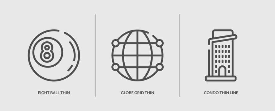 set of 3 outline icons in buildings concept. thin line icons including eight ball thin line, globe grid thin line, condo vector. can be used web and mobile.