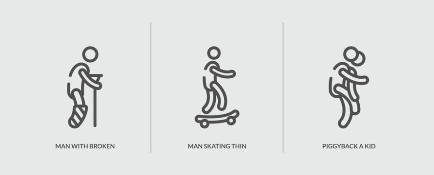 set of 3 outline icons in behavior concept. thin line icons including man with broken leg thin line, man skating thin line, piggyback a kid vector. can be used web and mobile.