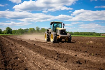 Obraz premium a tractor drives through a field on freshly cultivated soil on a summer day. Generative AI