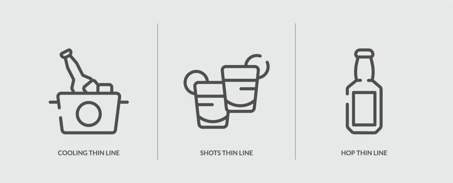 set of 3 outline icons in alcohol concept. thin line icons including cooling thin line, shots thin line, hop vector. can be used web and mobile.