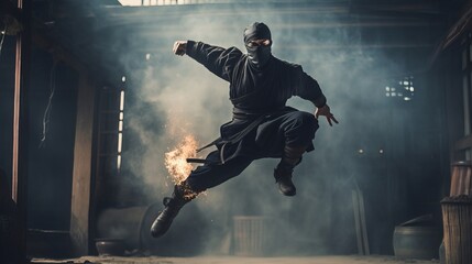 Fototapeta na wymiar A ninja leaping through the air