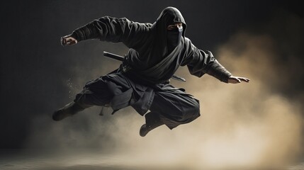 A ninja leaping through the air - obrazy, fototapety, plakaty